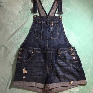 Dark wash distressed denim overall shorts